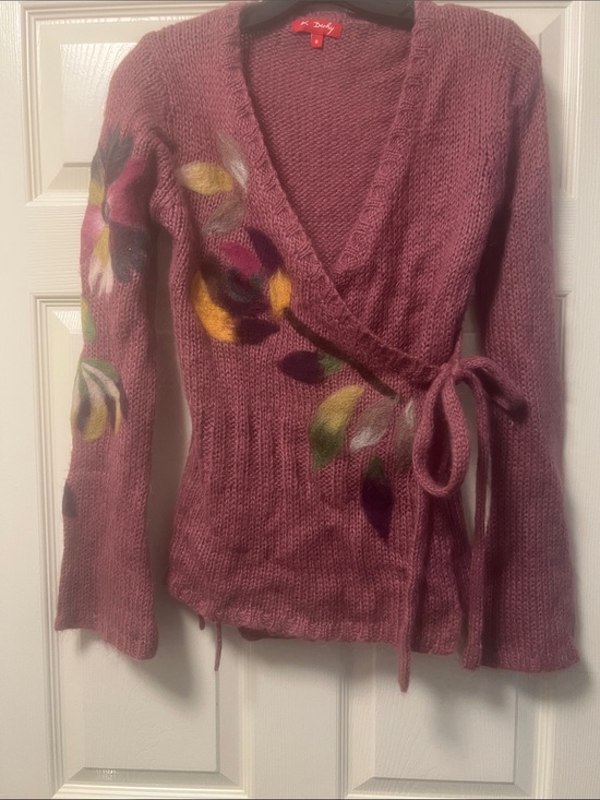 Desigual Sweaters - Desigual Mauve Wrap Cardigan with Multicolor Felt Floral Accents (Bin 2-80)